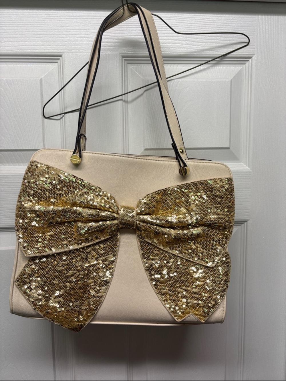 Betsey Johnson Sequin Bow Tote Bag in Cream and Gold